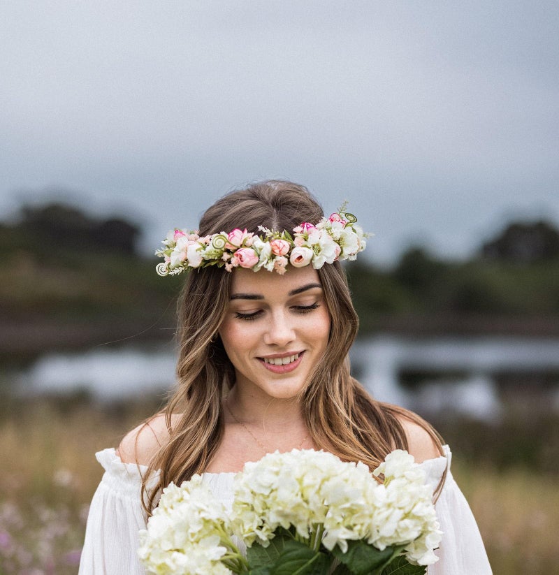 Vividsun Flower Crown Floral Wreath Headband Floral Crown Wedding Festivals Photo Props Headpiece (F/pink camellia) - Image 4